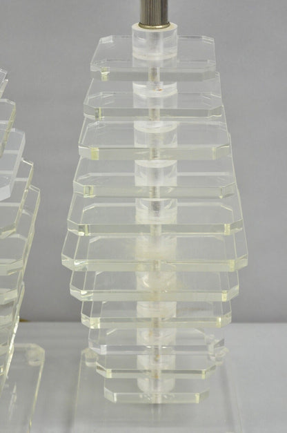 Vintage Mid Century Modern Stacked Lucite Skyscraper Table Lamps - a Pair