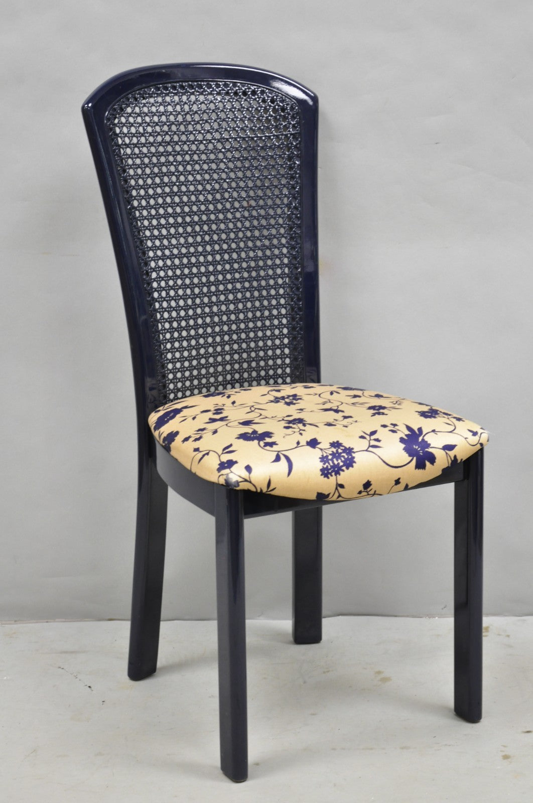 Vintage Italian Hollywood Regency Navy Blue Lacquer Cane Dining Chair - Set of 4