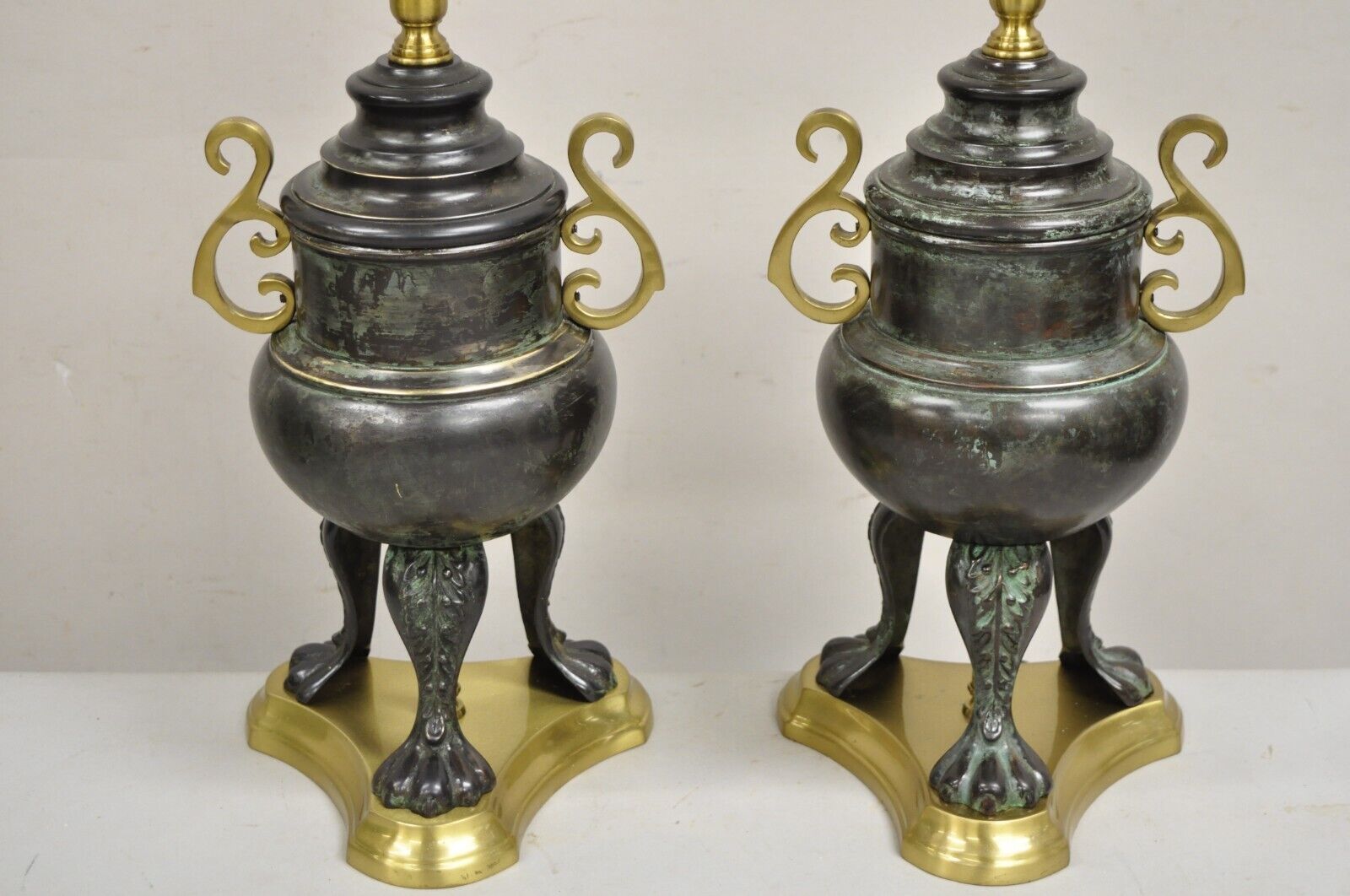 Chinoiserie Asian Verdigris Green Bronze Censor Table Lamp by Wildwood - a Pair