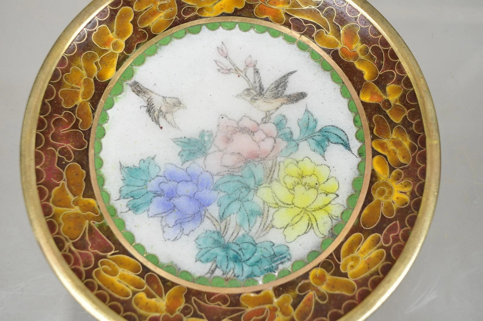 Vintage Chinese Brass Enamel Cloisonne Small Trinket Dish Set Brown - Set of 2