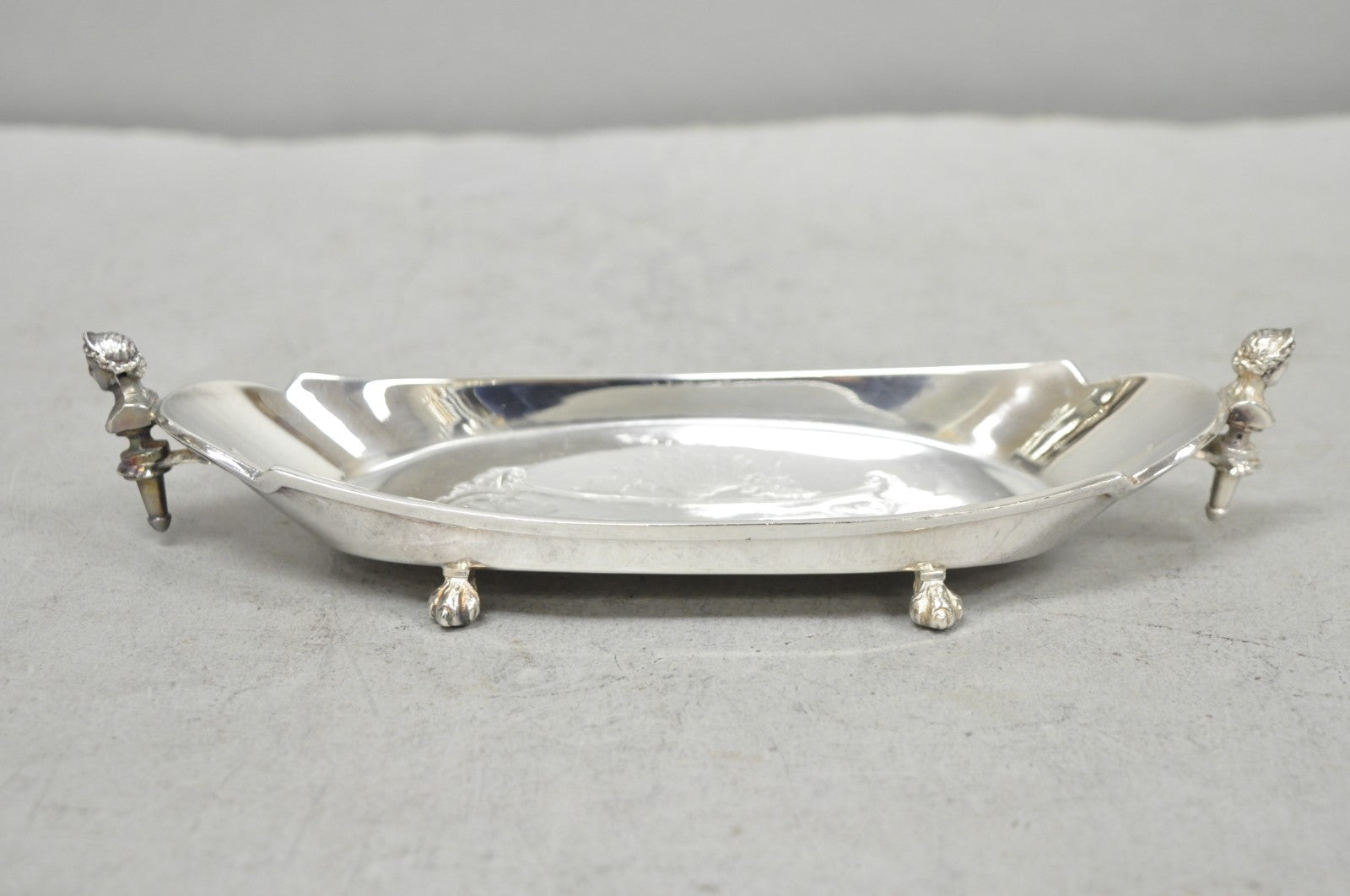 Antique French Renaissance Small Silver Plated Figural Twin Handle Trinket Dish