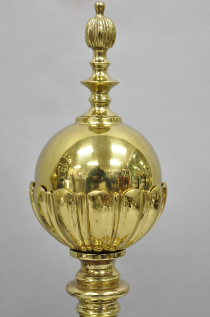 French Empire Renaissance Brass Lion Coat of Arms Cannonball Andirons - a Pair