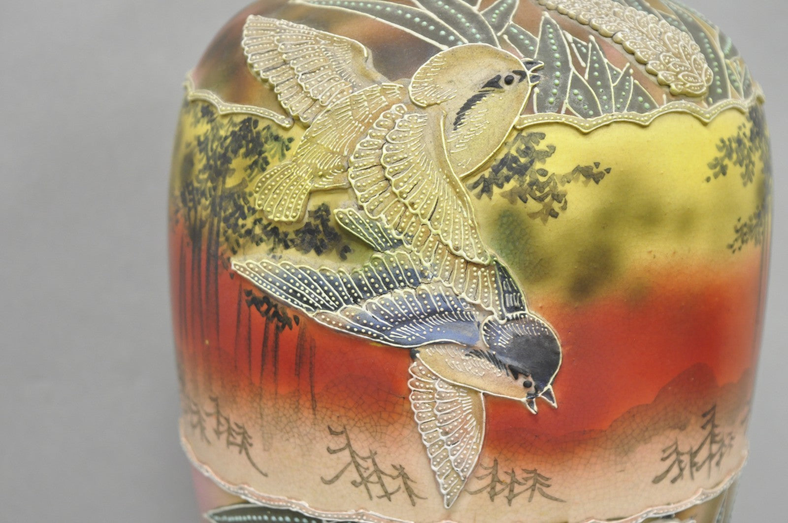 Antique Japanese Heavy Moriage Hand Painted Porcelain Oriental Bird Satsuma Vase