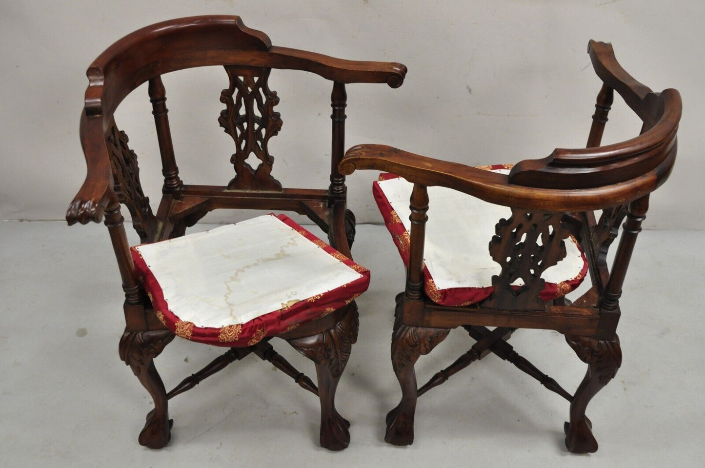 Chippendale Style Carved Mahogany Ball and Claw Corner Accent Chair - a Pair