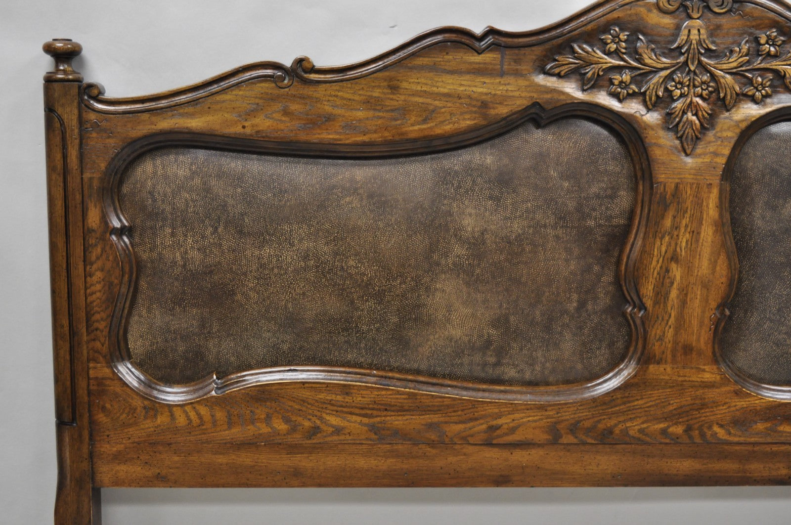 Vintage French Country Provincial Oak Wood Upholstered Panel King Bed Headboard