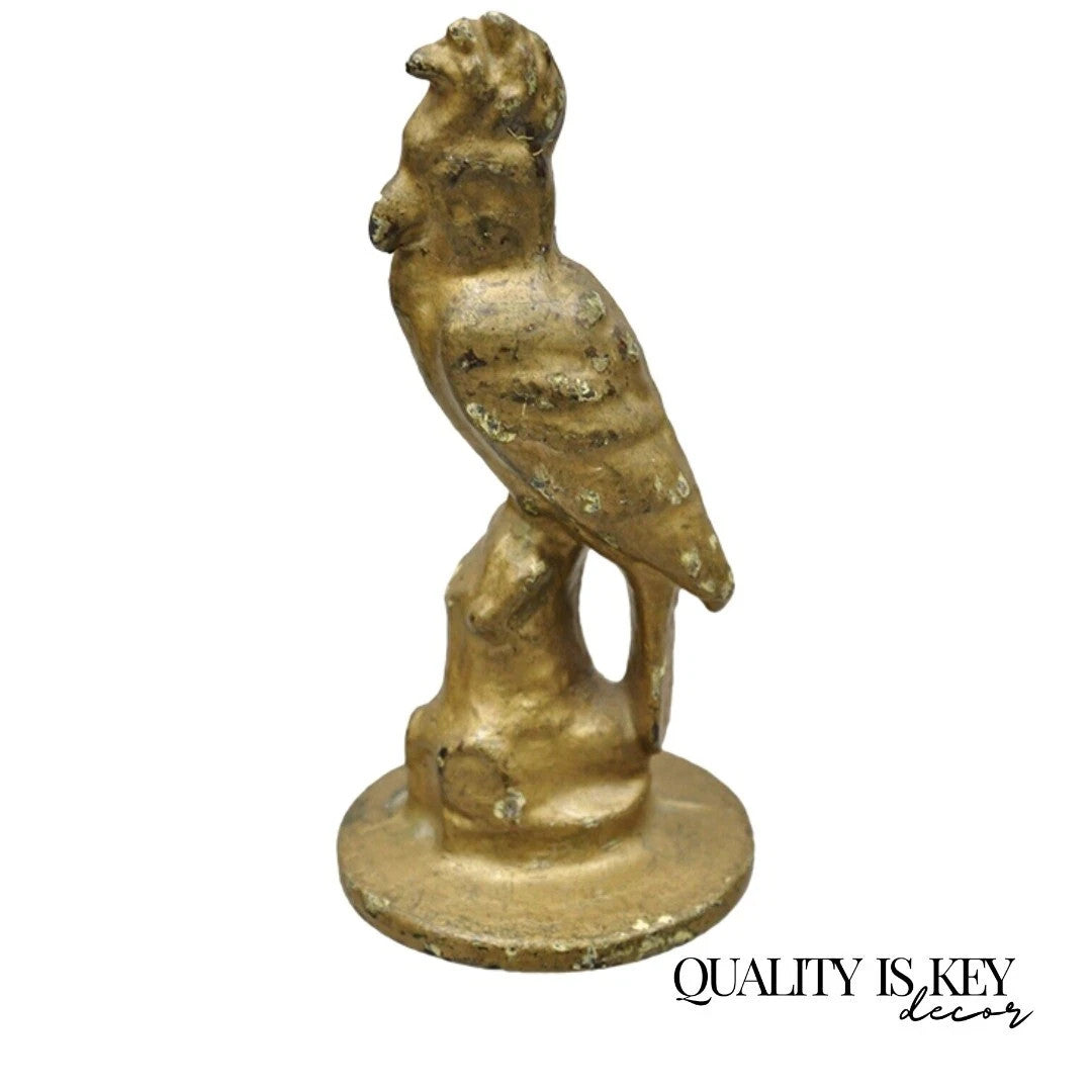 Antique Art Deco Cast Iron Gold Painted 7" Cockatoo Parrot Figurine Doorstop