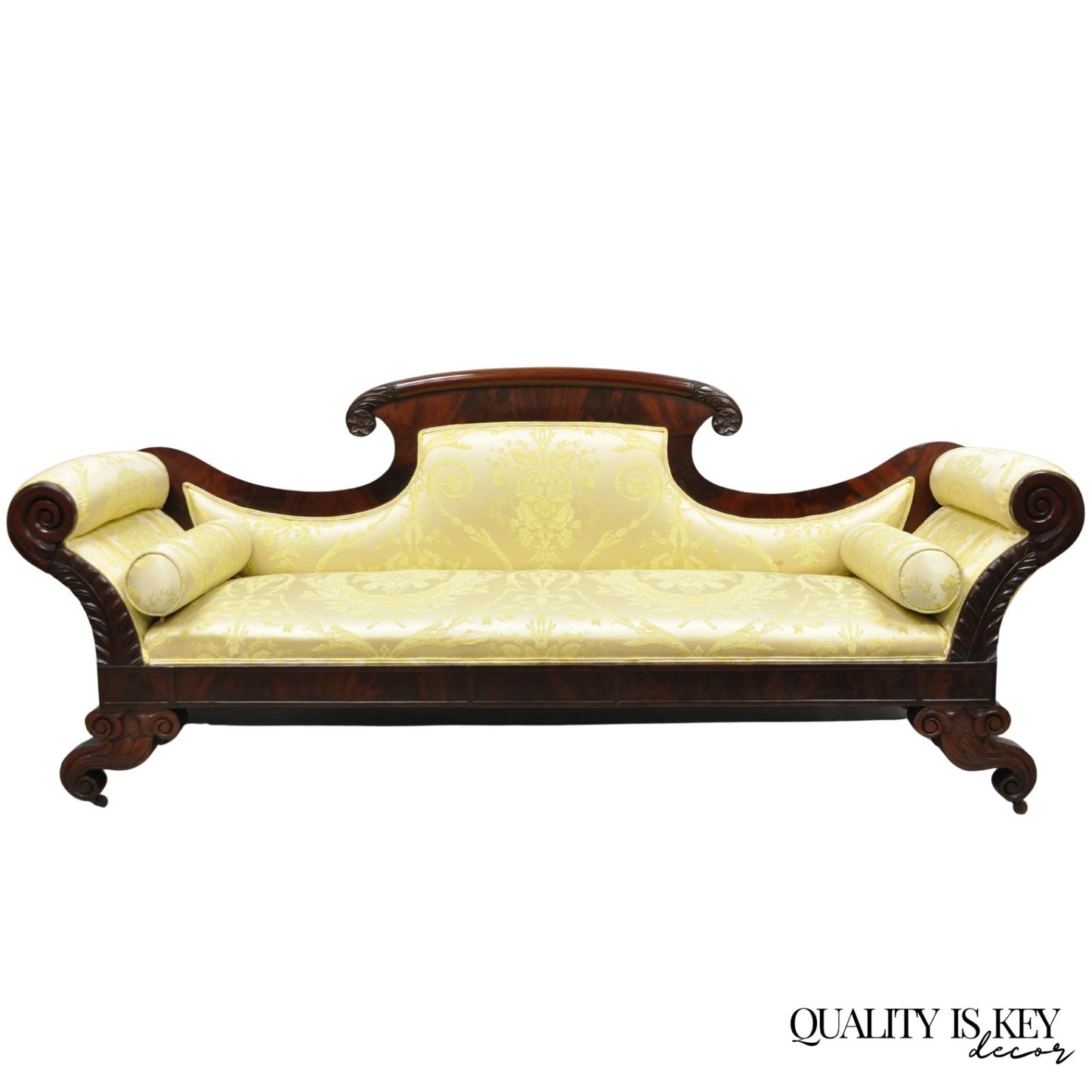 Antique American Empire Neoclassical Carved Mahogany Sofa with Gold Fabric