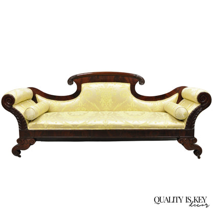 Antique American Empire Neoclassical Carved Mahogany Sofa with Gold Fabric