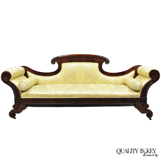Antique American Empire Neoclassical Carved Mahogany Sofa with Gold Fabric