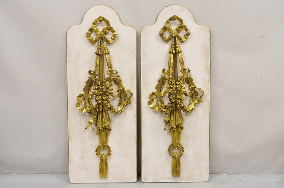French Louis XV Gold Gilt Bronze Ribbon Drape Large Wall Plaque Sconces - a Pair