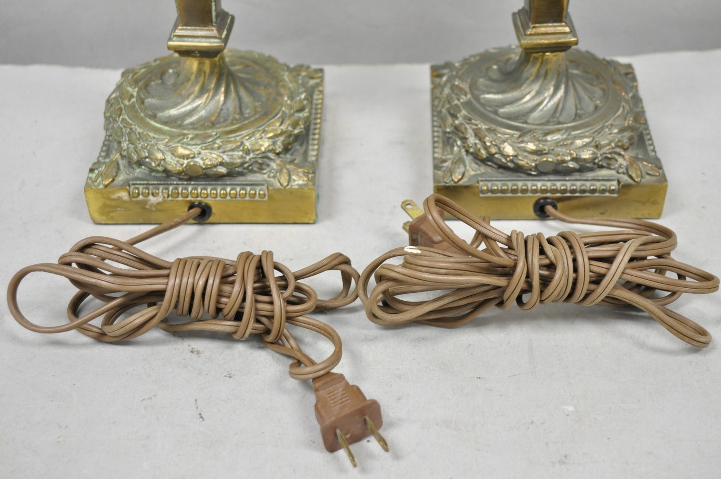 Vintage French Renaissance Brass Cherub Putti Column Cream Glass Table Lamp Pair