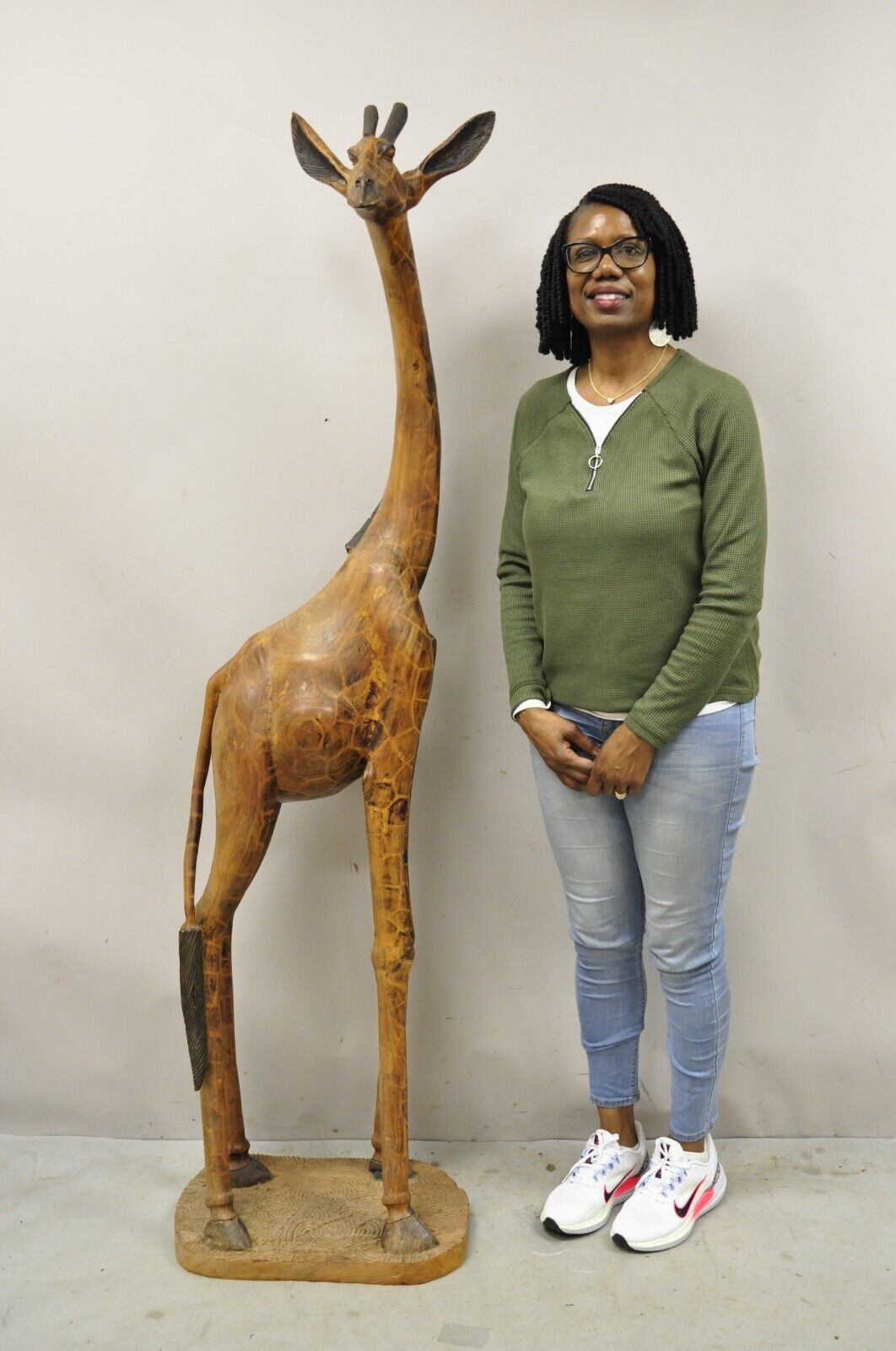 Vintage Solid Carved Wood 72” Tall African Safari Giraffe Statue Sculpture
