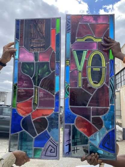 Vintage "Yo" & Door Art Deco Blue & Red Leaded Stained Glass Window 43x15 - 4 Pc