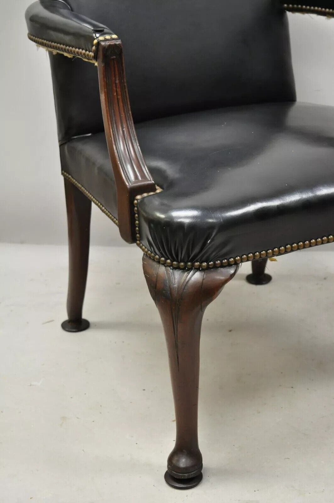 Antique English Georgian Style Dark Green Leather Library Office Chairs - a Pair