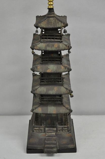 Vintage Chinoiserie Cast Iron Chinese Buddhist Pagoda Temple Table Lamp