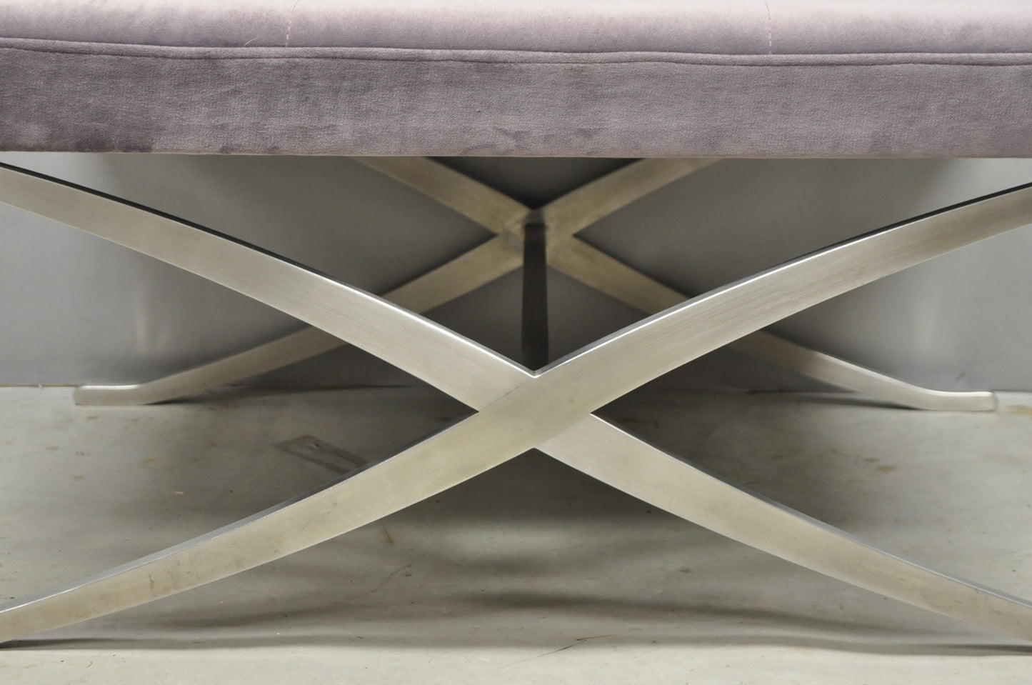 Contemporary Modern Brushed Chrome Frame X-Form Purple Tufted Bench Ottoman