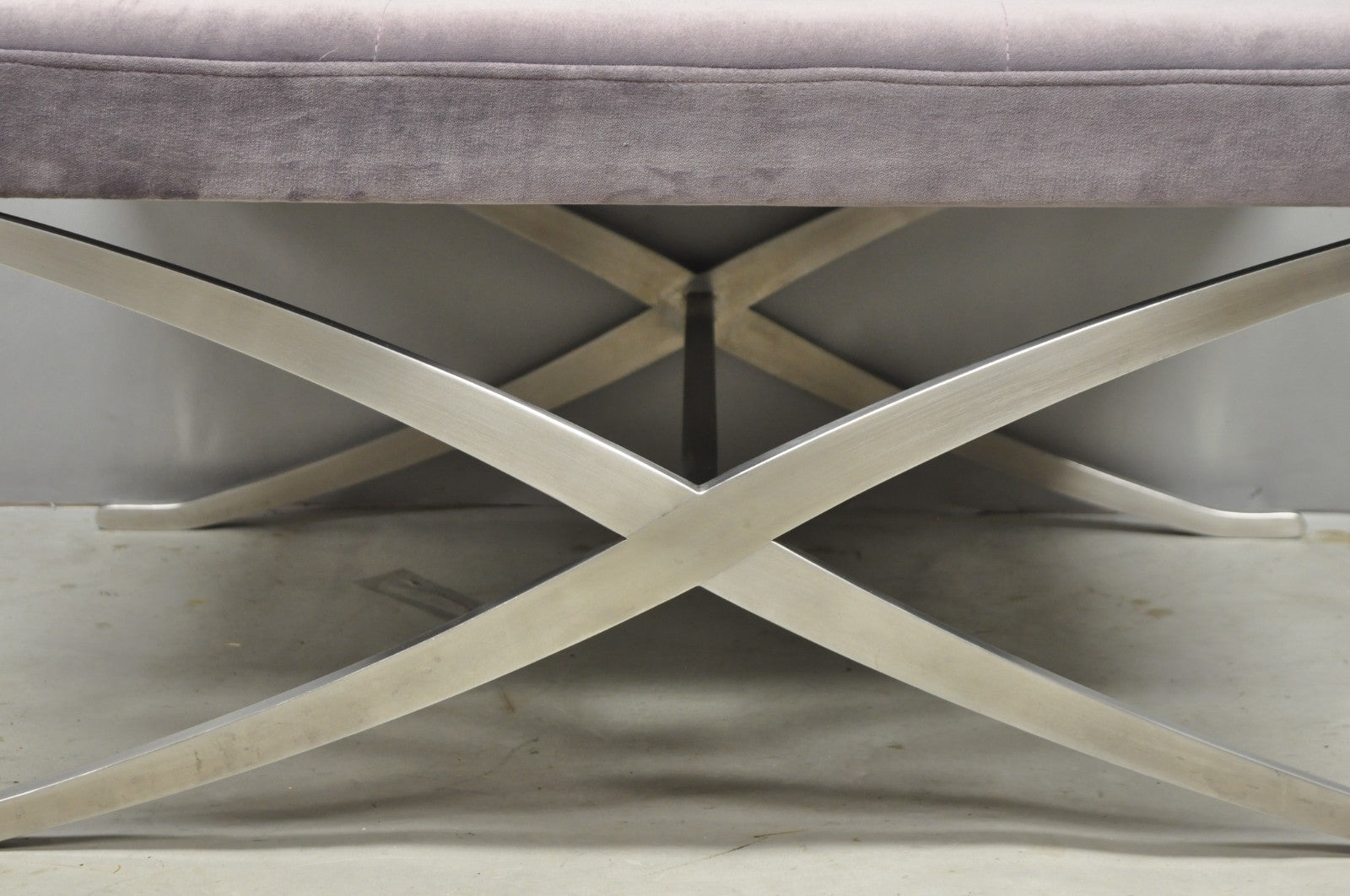 Contemporary Modern Brushed Chrome Frame X-Form Purple Tufted Bench Ottoman