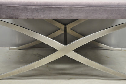 Contemporary Modern Brushed Chrome Frame X-Form Purple Tufted Bench Ottoman