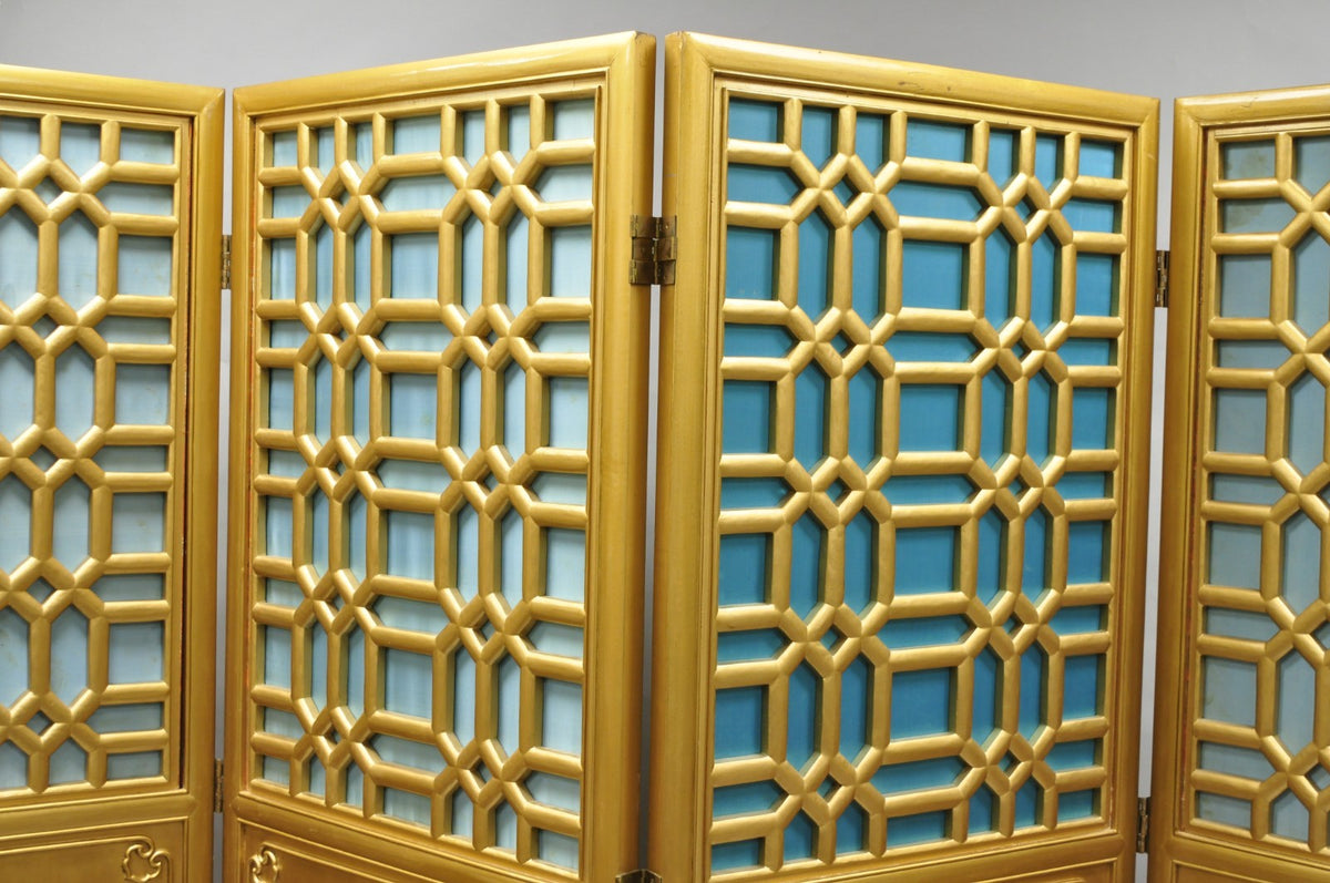 Vintage Chinoiserie Lattice Fretwork 4 Panel Gold Folding Screen Room Divider