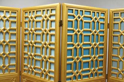 Vintage Chinoiserie Lattice Fretwork 4 Panel Gold Folding Screen Room Divider