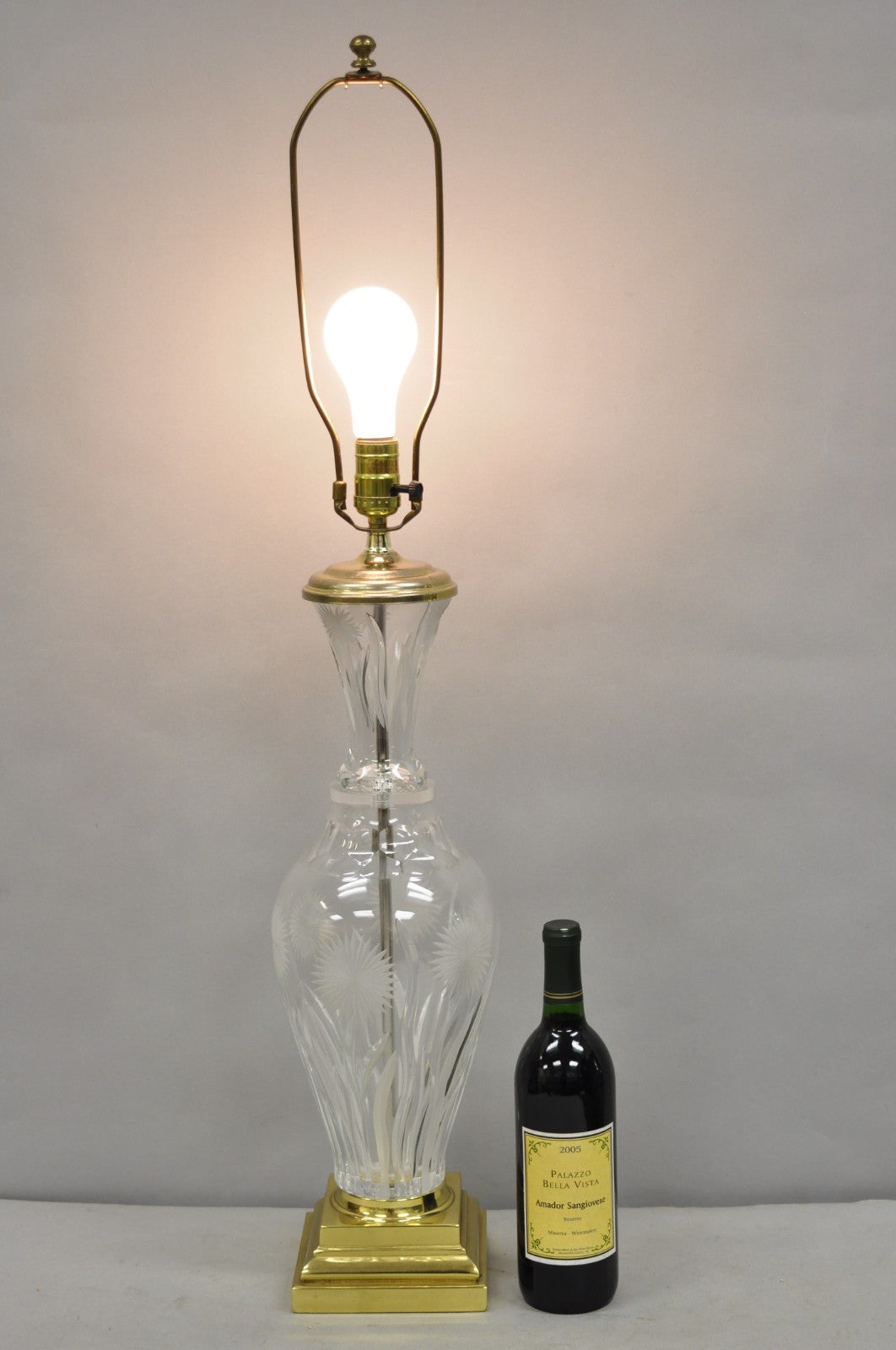 Vintage French Style Cut Crystal Glass Etched "Tulip Flower" Brass Table Lamp