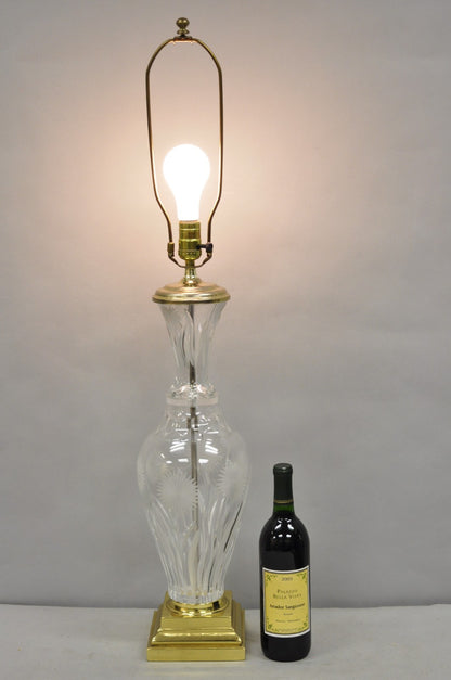 Vintage French Style Cut Crystal Glass Etched "Tulip Flower" Brass Table Lamp