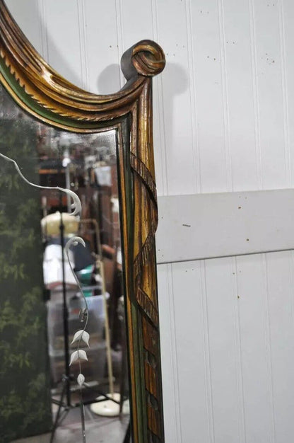 Antique French Louis XV Style Green & Gold Carved Drape Floral Etched Mirror