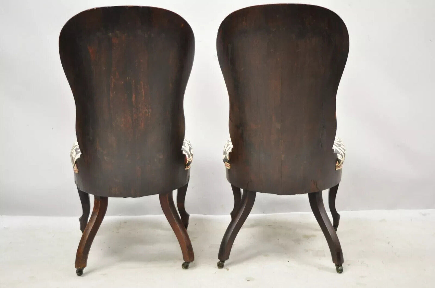 John Henry Belter Victorian Laminated Rosewood Slipper Lounge Chairs - a Pair