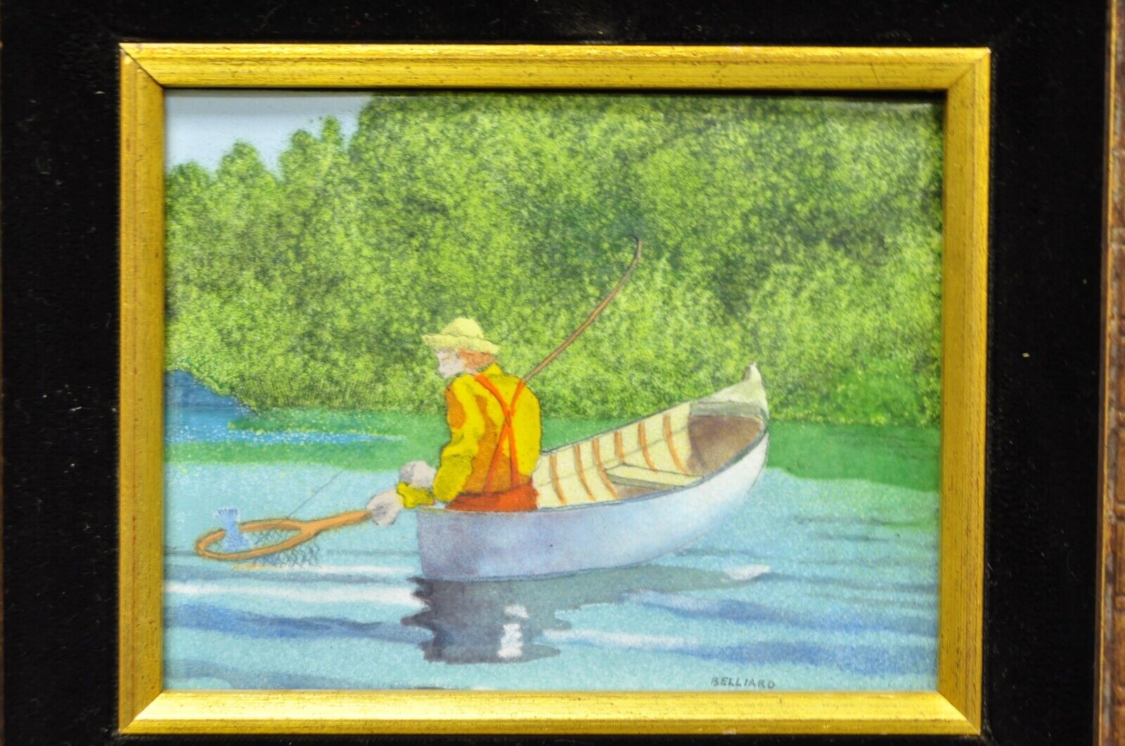 Daniel Belliard Enamel on Copper Small Framed Painting Fisherman in Boat on Lake