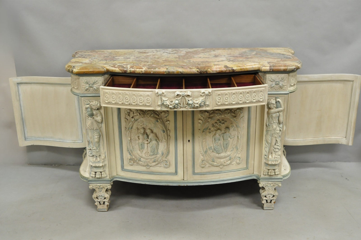 French Renaissance White Blue Painted Figural Carved Marble Top Buffet Commode