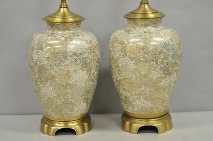 Vintage Chinoiserie Gold Porcelain Jardiniere Table Lamps by Wildwood - a Pair