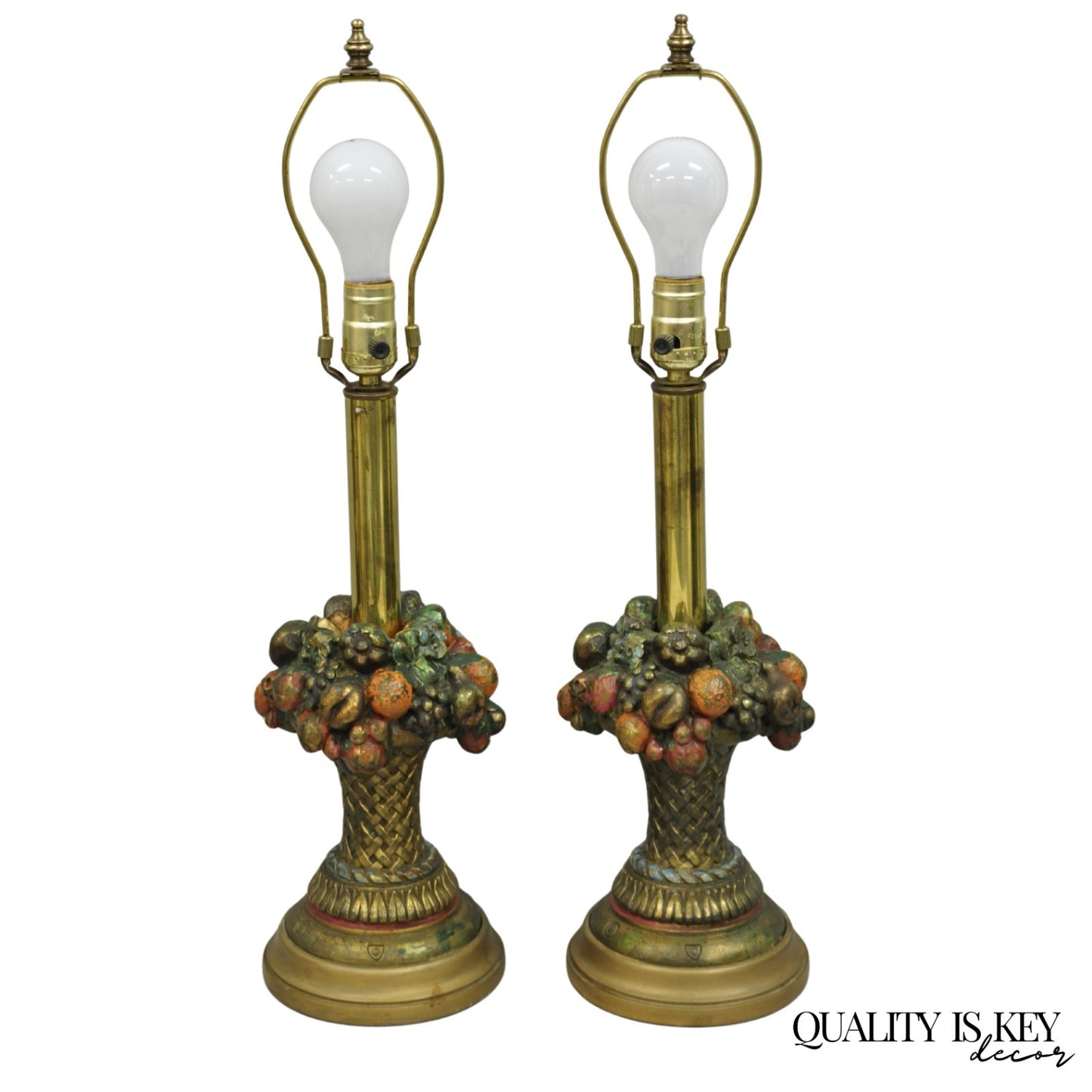 Armor Bronze Co Victorian Flower Fruit Basket Bouquet Small Table Lamps - a Pair