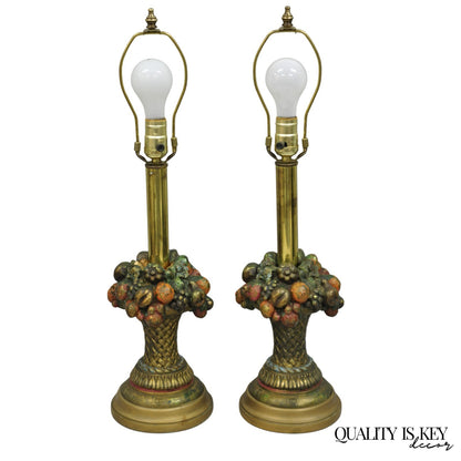 Armor Bronze Co Victorian Flower Fruit Basket Bouquet Small Table Lamps - a Pair