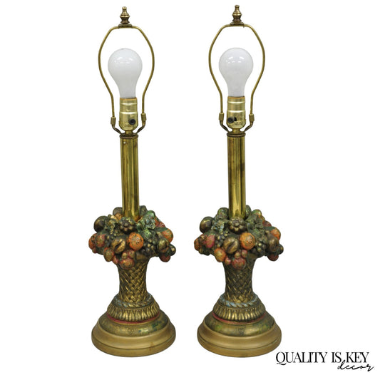 Armor Bronze Co Victorian Flower Fruit Basket Bouquet Small Table Lamps - a Pair