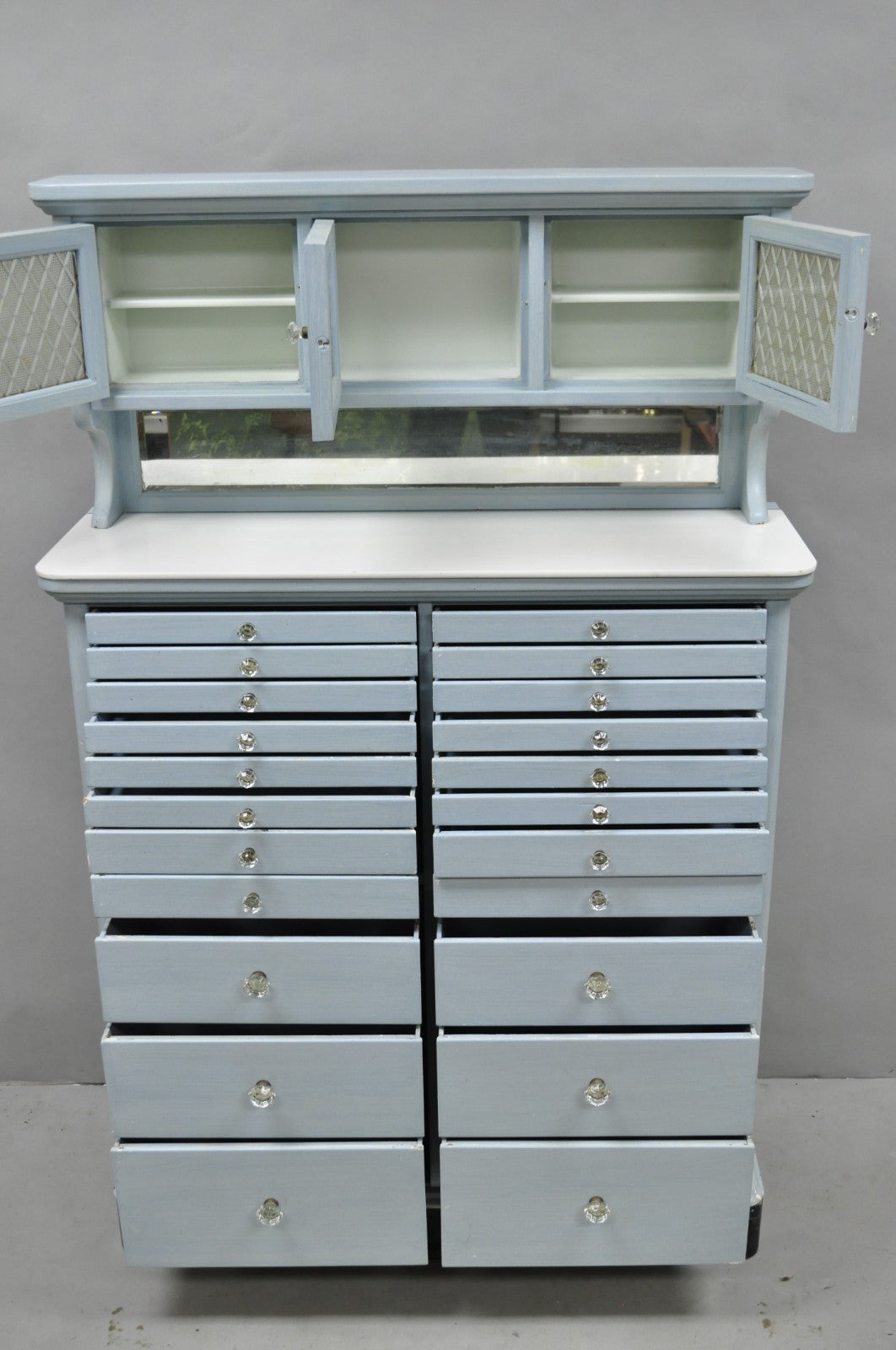 Antique Art Deco Medical Dental Cabinet Blue Painted w/Mirror and 22 Drawers