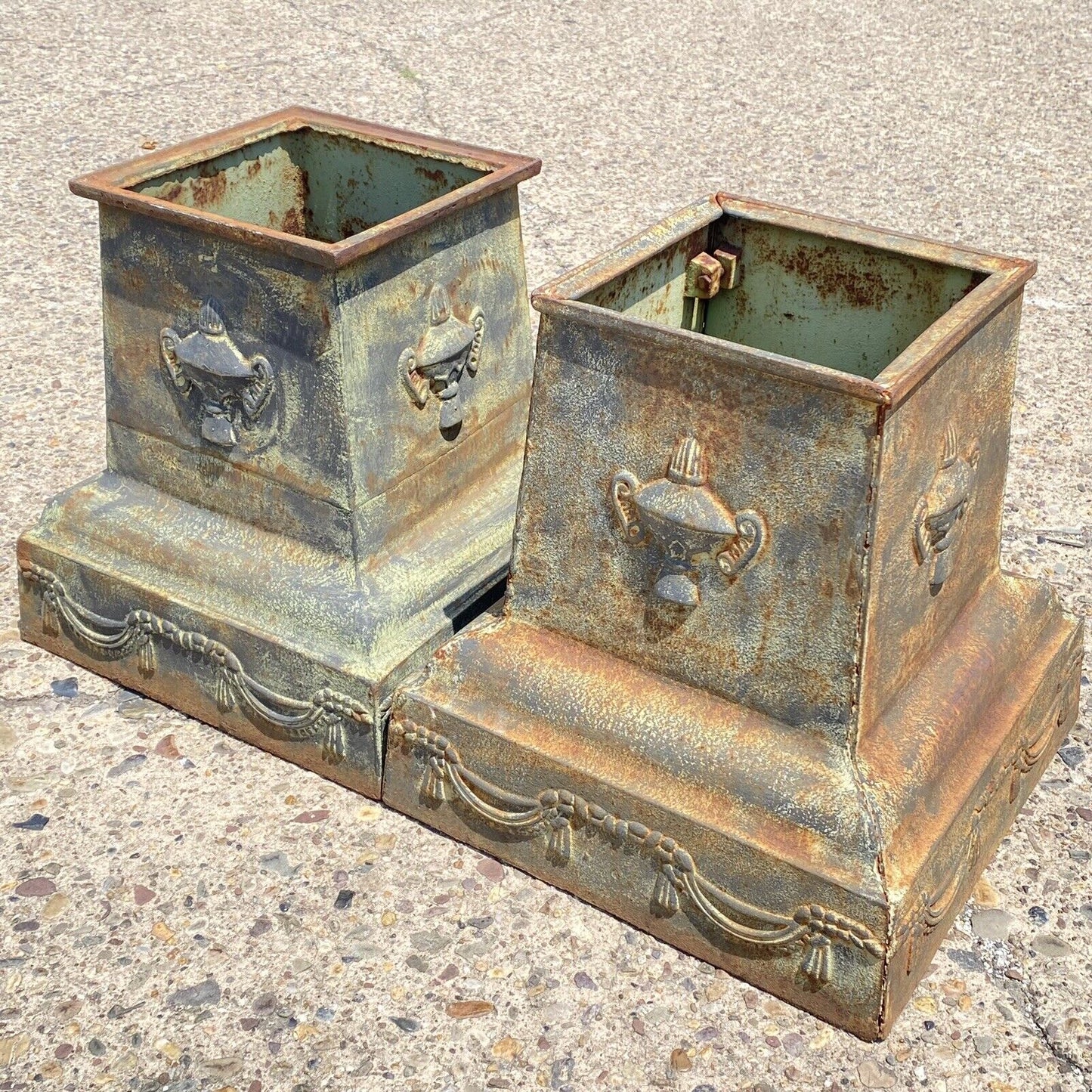 Pair Vintage Neoclassical Style Green Cast Iron Garden Planter Urn Pedestal Base