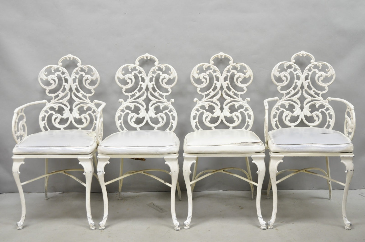Vintage Art Nouveau Style Trojan Scrolling Cast Aluminum Dining Chairs Set of 4