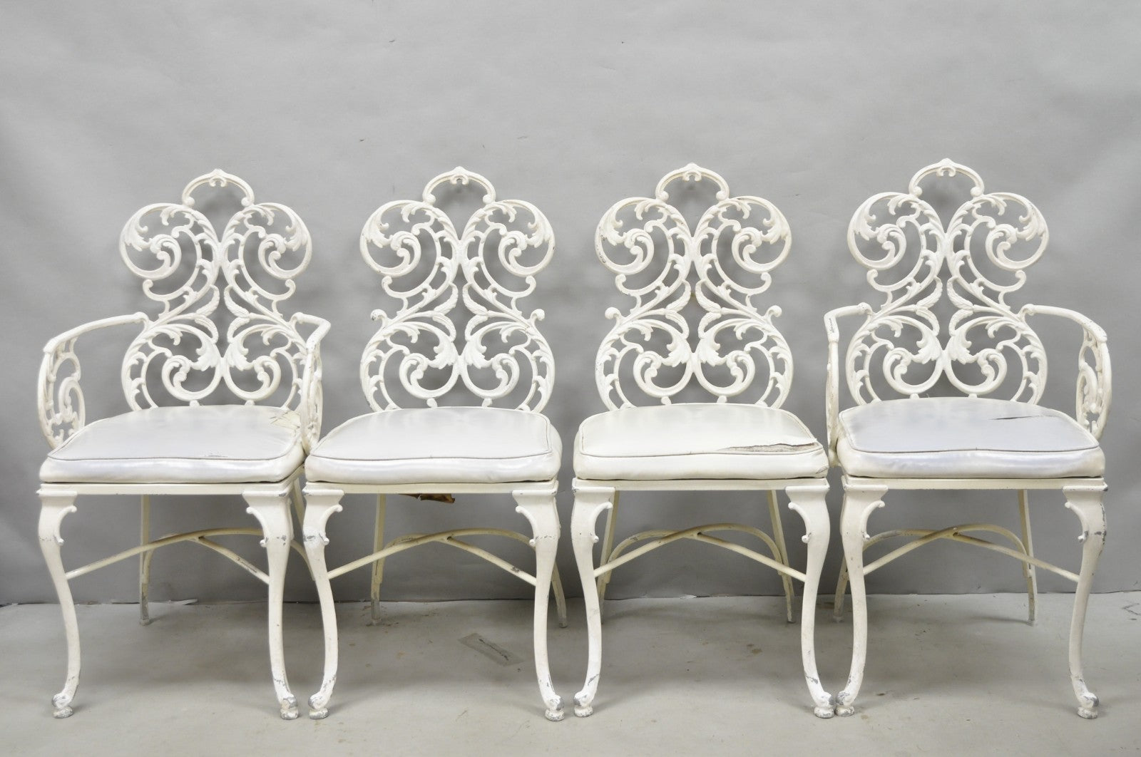 Vintage Art Nouveau Style Trojan Scrolling Cast Aluminum Dining Chairs Set of 4