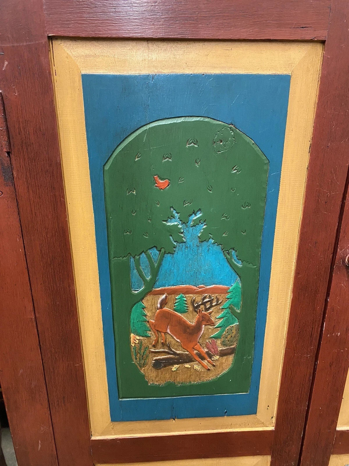 Country Farmhouse Red & Blue Forest Carved Wardrobe TV Entertainment Cabinet