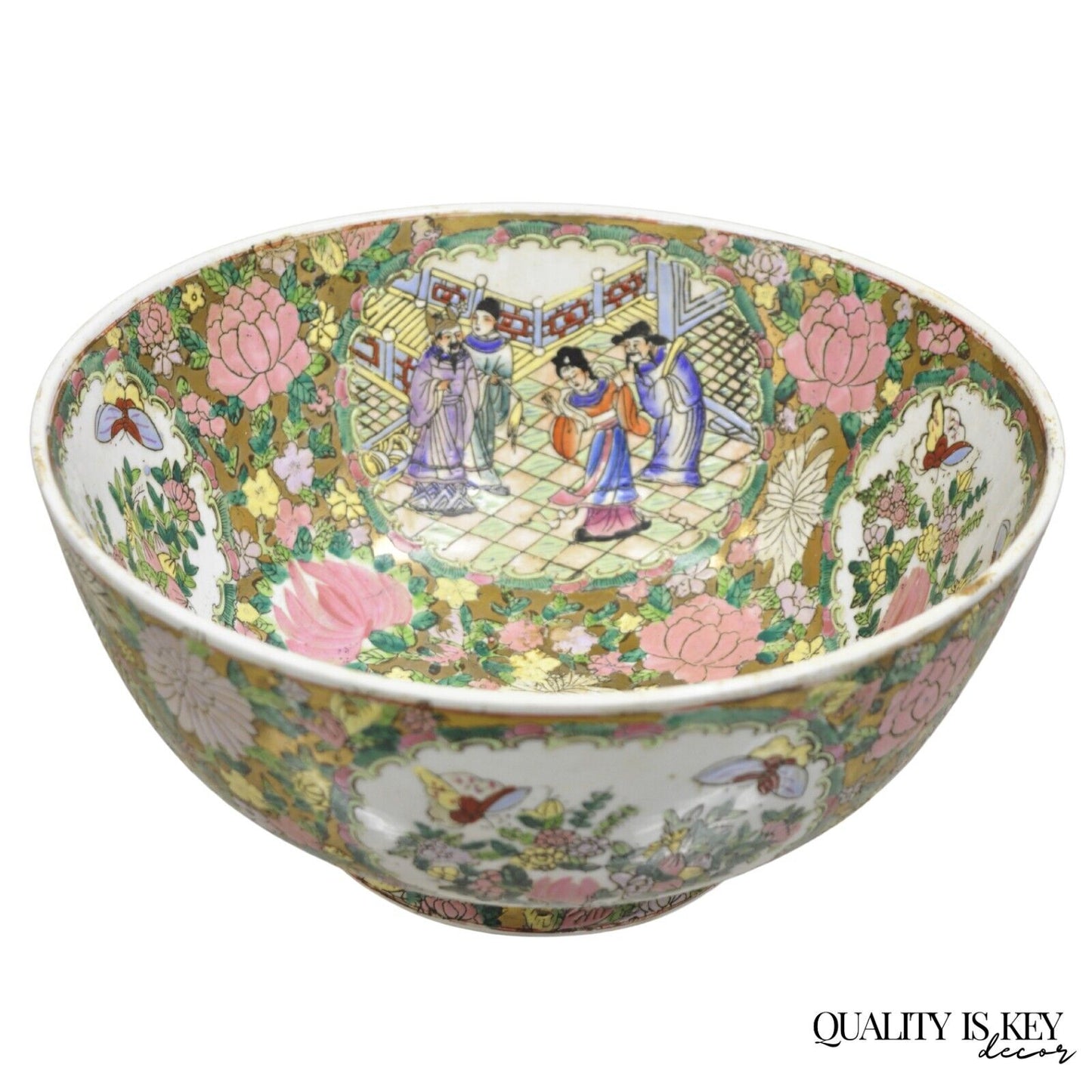 Vintage Rose Medallion Chinese Export Porcelain 12" Figural Painted Bowl