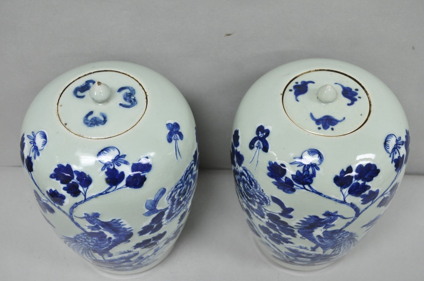 Antique Chinese Phoenix Bird Celadon Green Porcelain Covered Ginger Jar - Pair