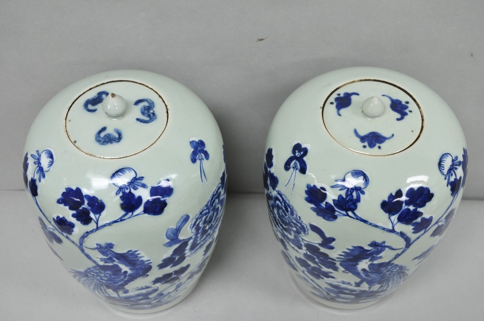 Antique Chinese Phoenix Bird Celadon Green Porcelain Covered Ginger Jar - Pair