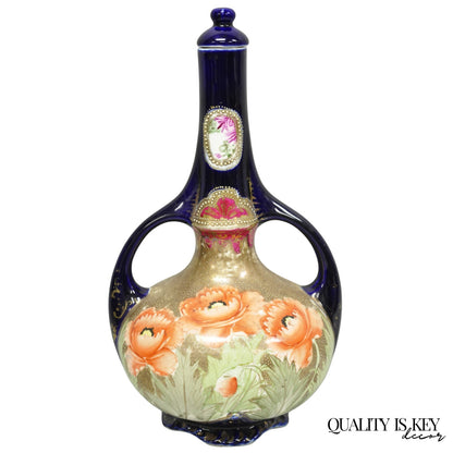 Antique Royal Nippon Hand Painted Nishiki Cobalt Blue Floral Vase With Stopper