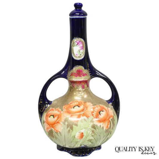 Antique Royal Nippon Hand Painted Nishiki Cobalt Blue Floral Vase With Stopper
