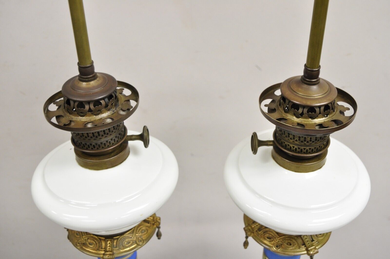 Antique French Victorian Porcelain German Oil Lamp Convert Table Lamp - a Pair