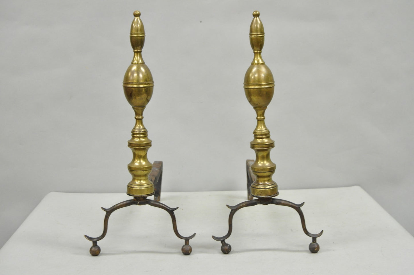 Antique English Federal Brass Branch Leg Cast Iron Fireplace Andirons - a Pair