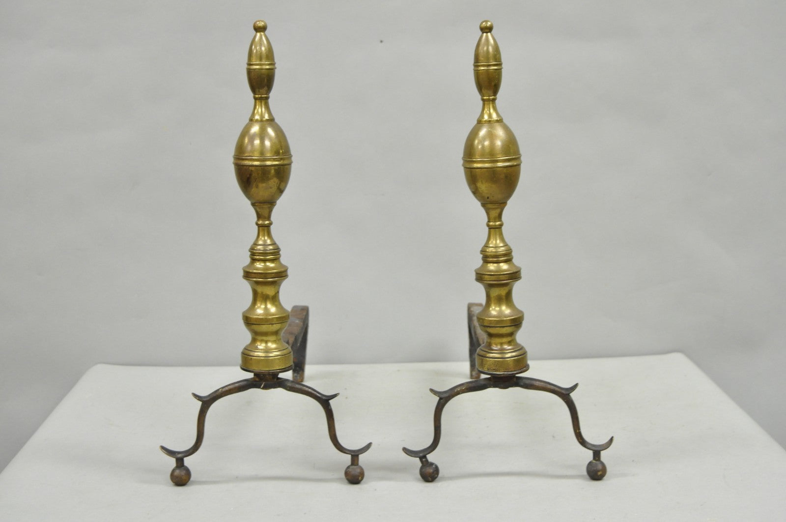 Antique English Federal Brass Branch Leg Cast Iron Fireplace Andirons - a Pair