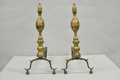 Antique English Federal Brass Branch Leg Cast Iron Fireplace Andirons - a Pair