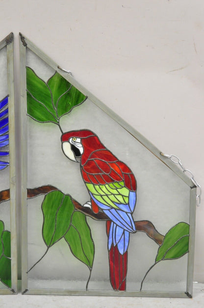 Vintage Leaded Stained Glass Red and Blue Parrot Bird Window Suncatcher - a Pair