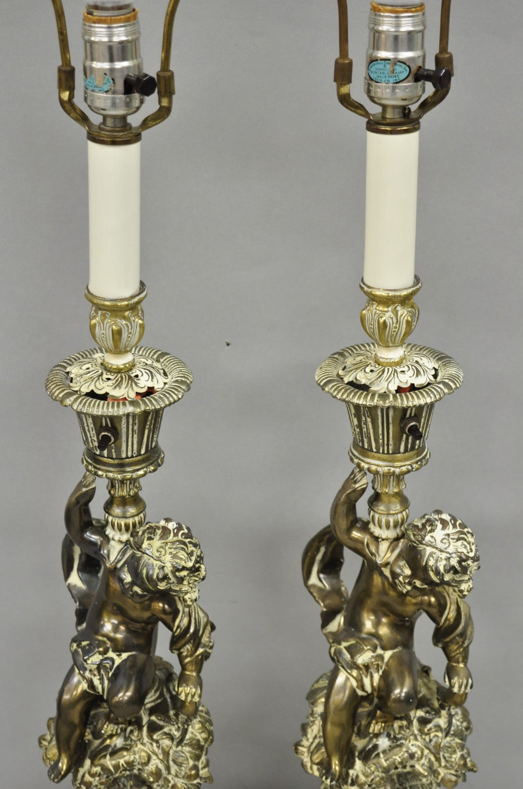 Vintage Hollywood Regency French Style Figural Cherub Metal Table Lamps - a Pair